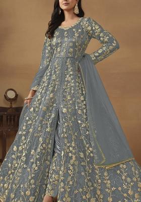 Grey Embroidered Net Anarkali Set
