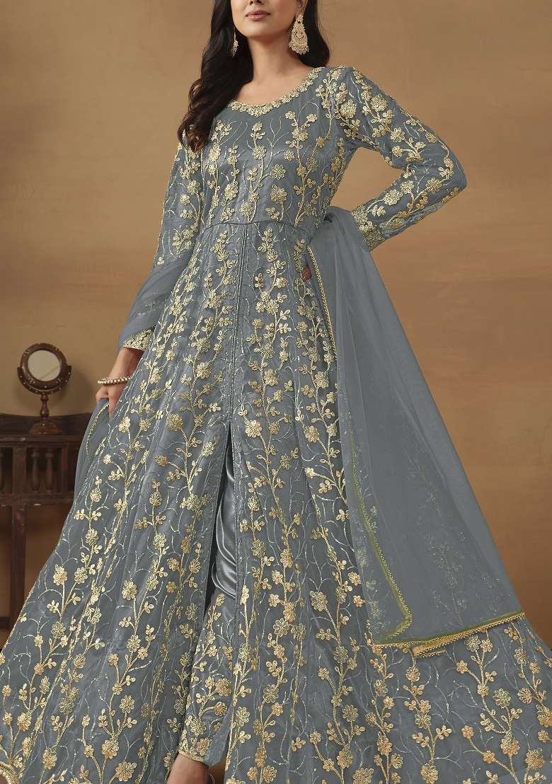 Grey Embroidered Net Anarkali Set - Indya