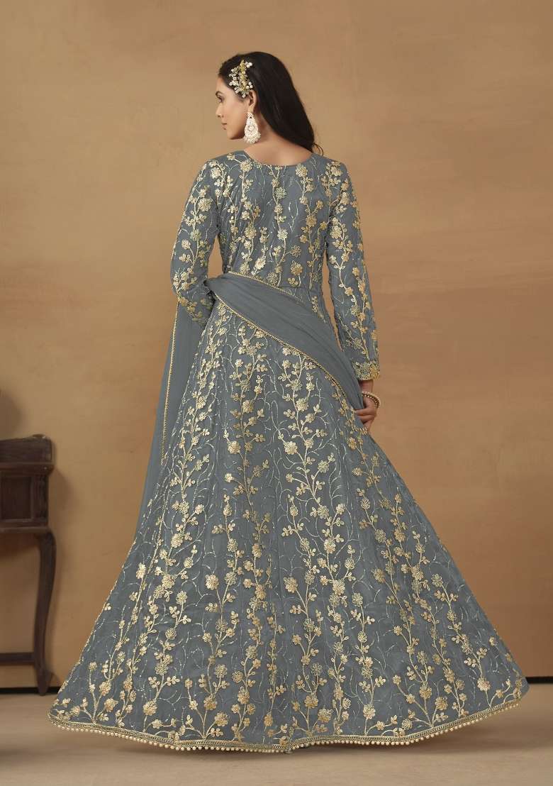 Grey Embroidered Net Anarkali Set - Indya