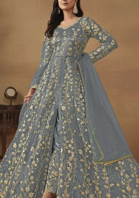 Grey Embroidered Net Anarkali Set
