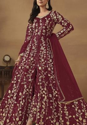 Wine Embroidered Net Anarkali Set