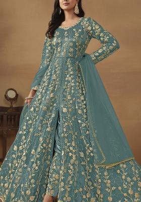 Sky Blue Embroidered Net Anarkali Set