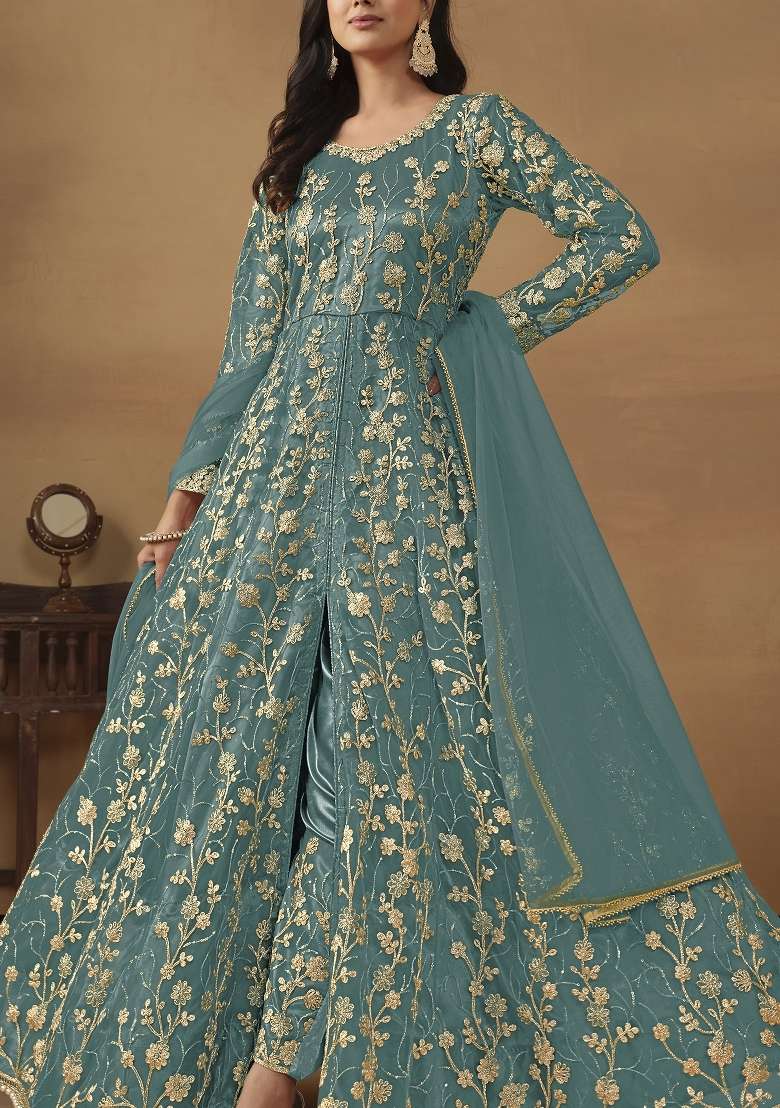 Sky Blue Embroidered Net Anarkali Set - Indya
