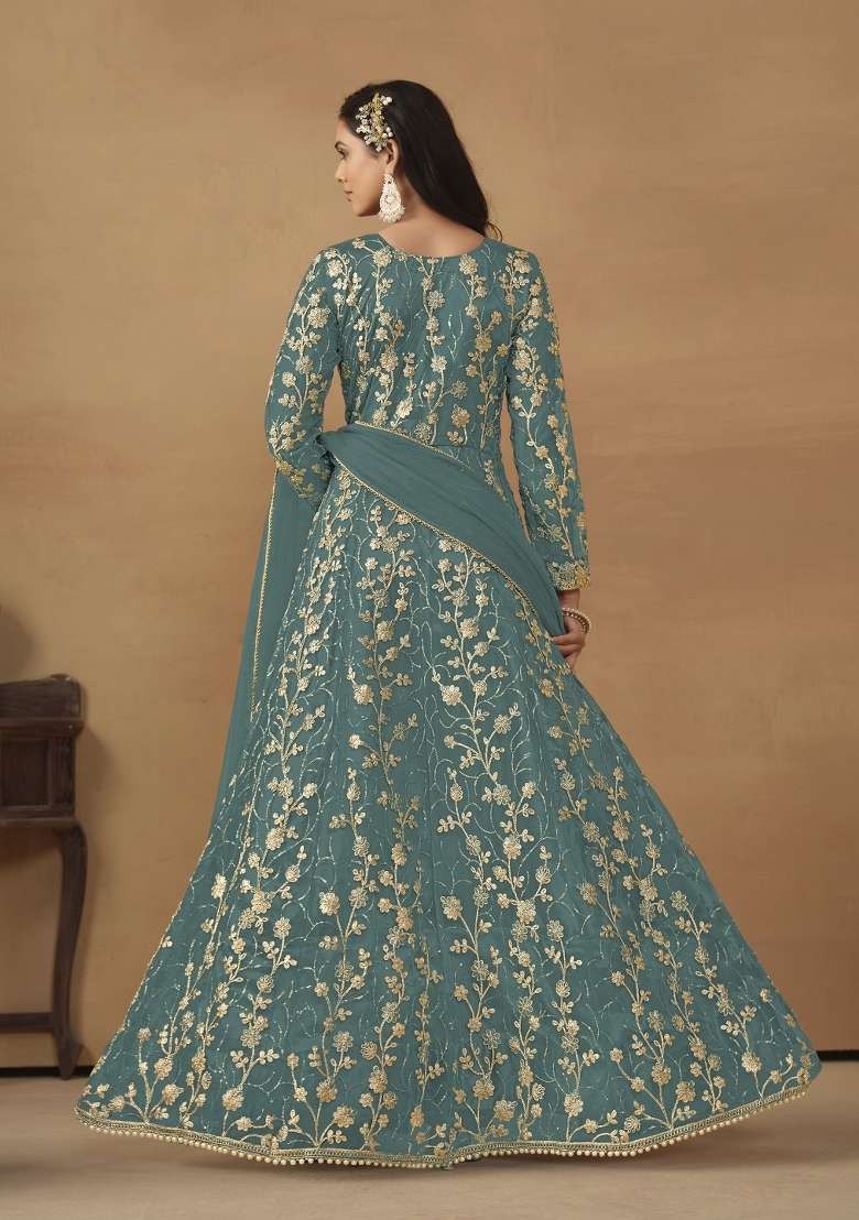 Sky Blue Embroidered Net Anarkali Set - Indya