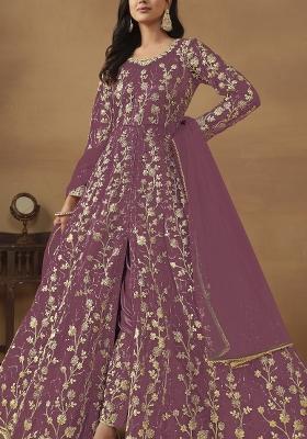 Lavender Embroidered Net Anarkali Set