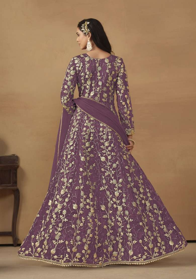 Lavender Embroidered Net Anarkali Set - Indya