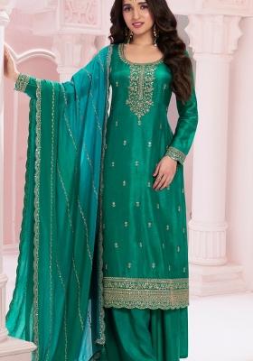 Green Embroidered Silk Blend Salwar Kameez