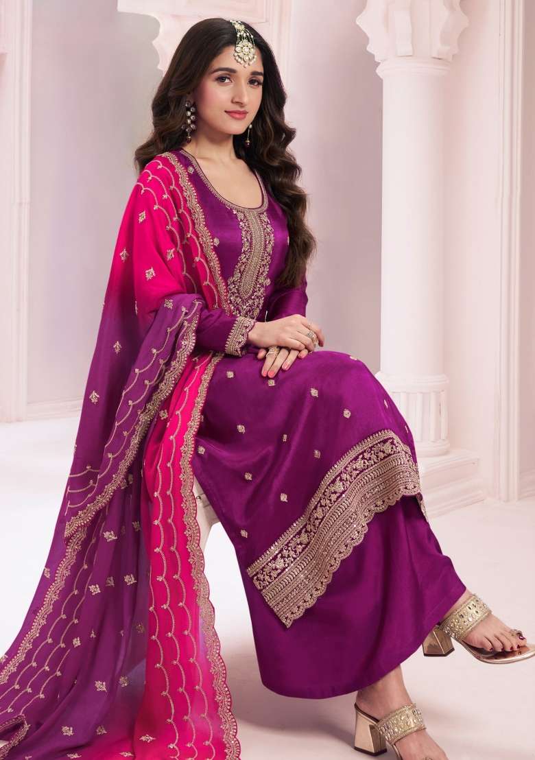 Purple Embroidered Silk Blend Salwar Kameez - Indya