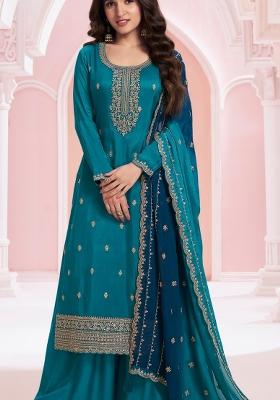Teal Blue Embroidered Silk Salwar Kameez
