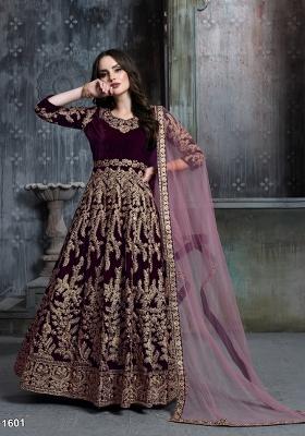 Dark Purple Embroidered Velvet Anarkali Set