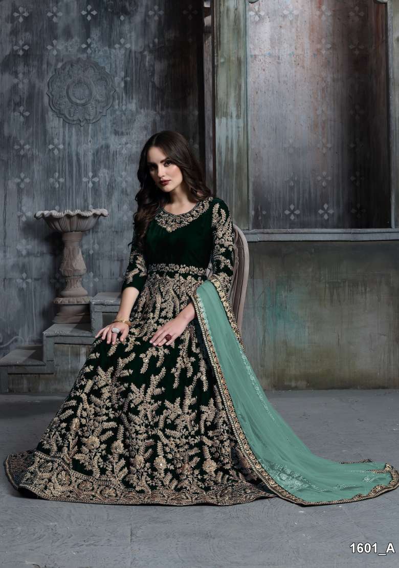 Dark Green Embroidered Velvet Anarkali Set - Indya