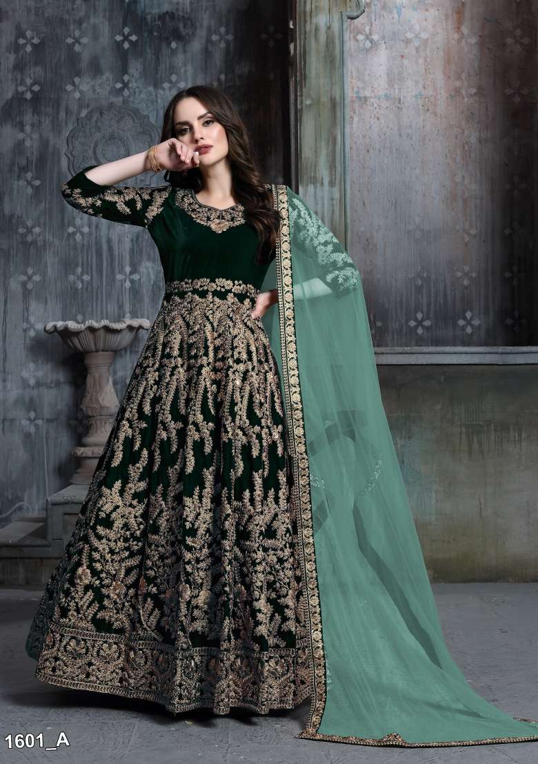 Dark Green Embroidered Velvet Anarkali Set - Indya