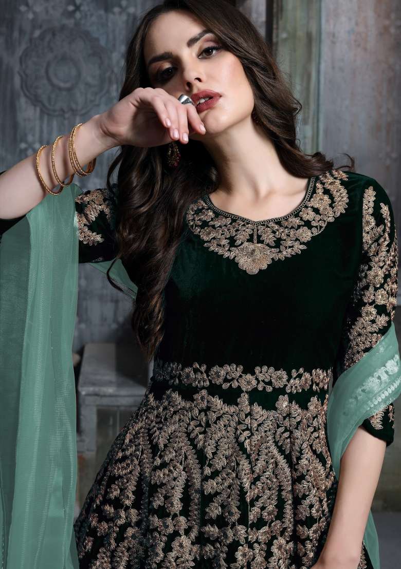 Dark Green Embroidered Velvet Anarkali Set - Indya
