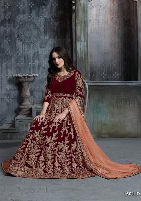 Maroon Embroidered Velvet Anarkali Set