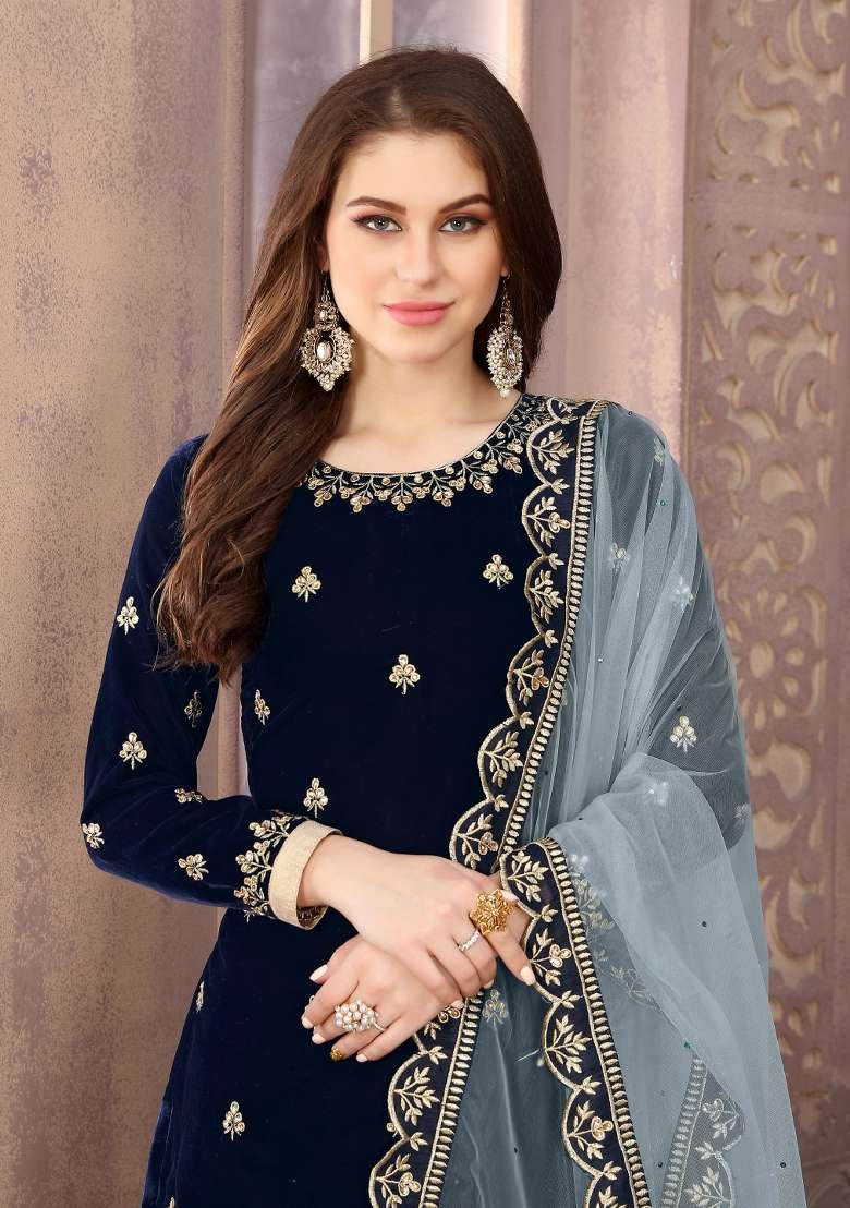 Navy Blue Embroidered Velvet Salwar Kameez - Indya