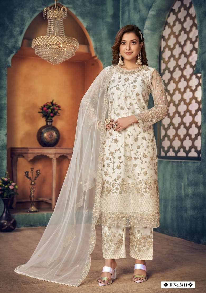 White Embroidered Net Salwar Kameez - Indya