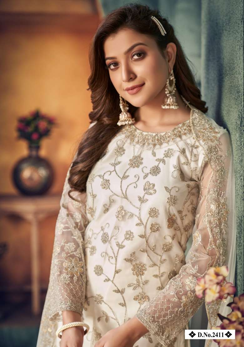 White Embroidered Net Salwar Kameez - Indya