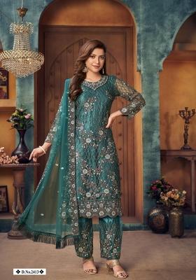 Teal Embroidered Net Salwar Kameez