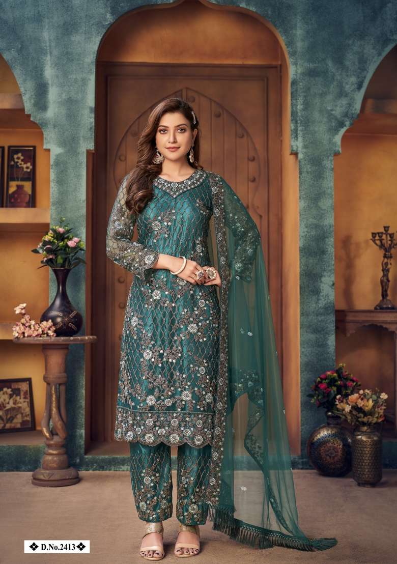 Teal Embroidered Net Salwar Kameez - Indya