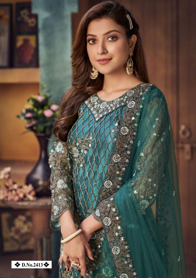 Teal Embroidered Net Salwar Kameez - Indya