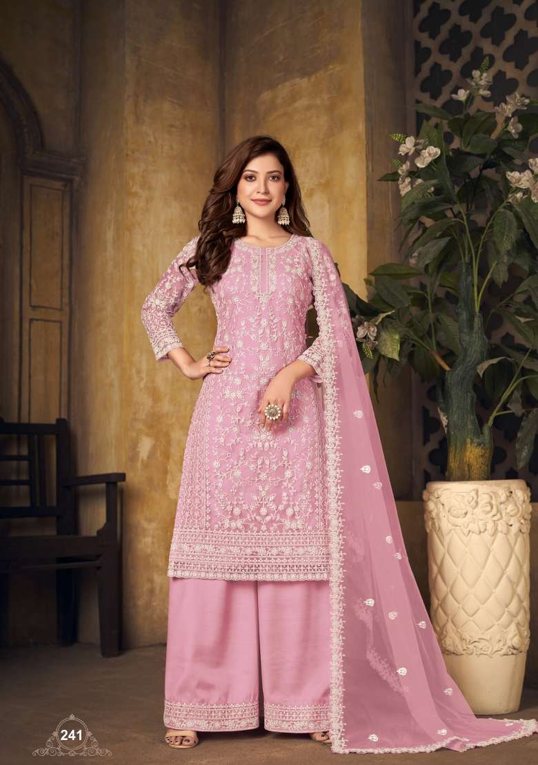 Pink Embroidered Net Salwar Kameez - Indya