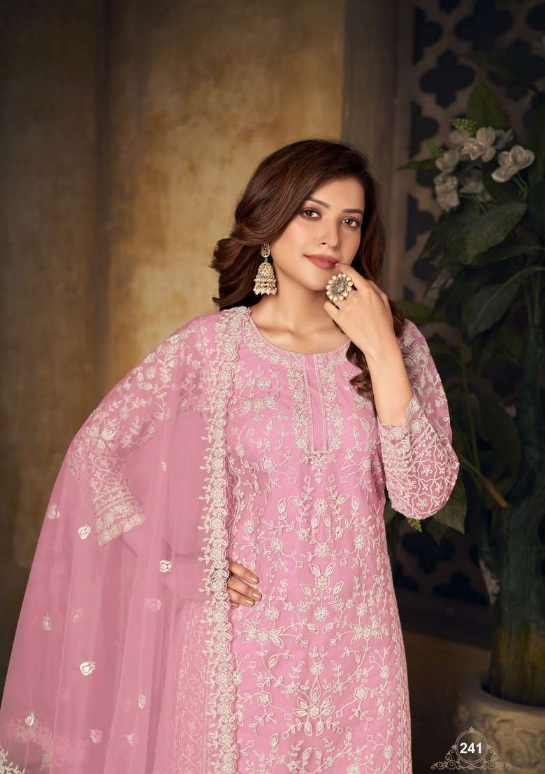 Pink Embroidered Net Salwar Kameez - Indya