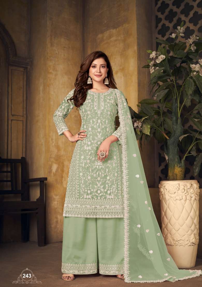 Light Green Embroidered Net Salwar Kameez - Indya