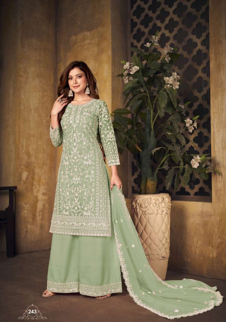 Light Green Embroidered Net Salwar Kameez - Indya