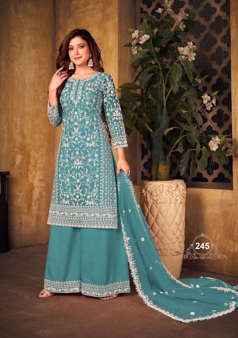 Teal Embroidered Net Salwar Kameez - Indya