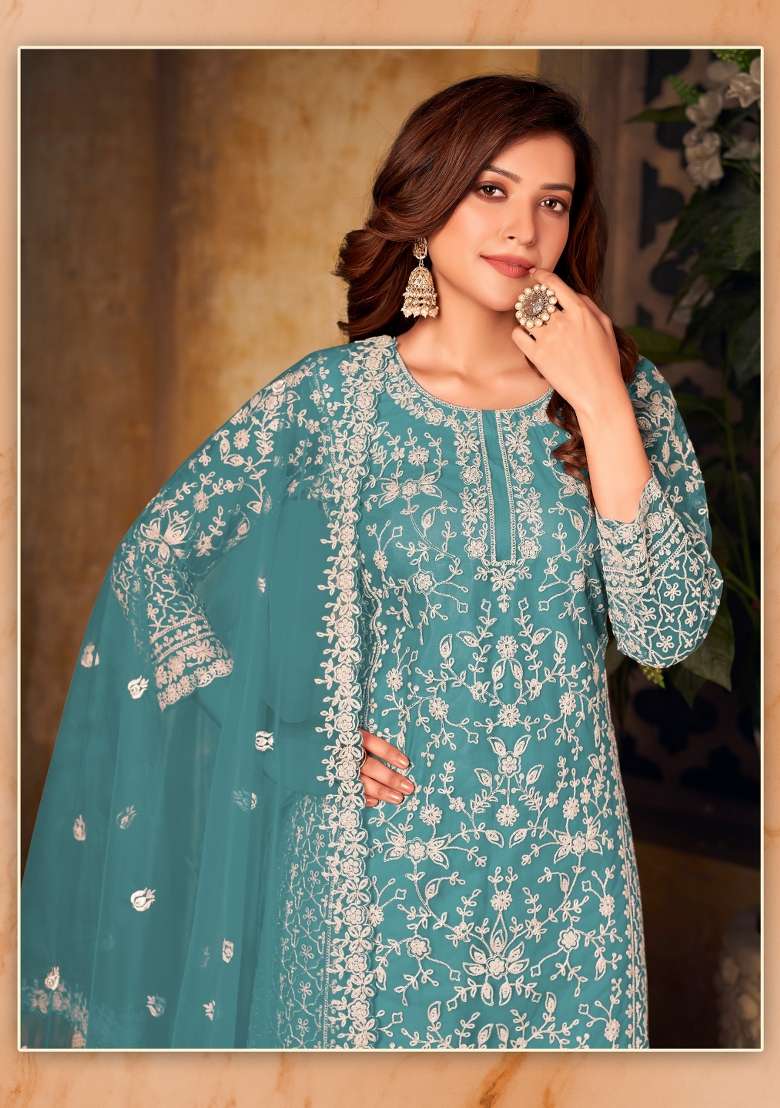 Teal Embroidered Net Salwar Kameez - Indya