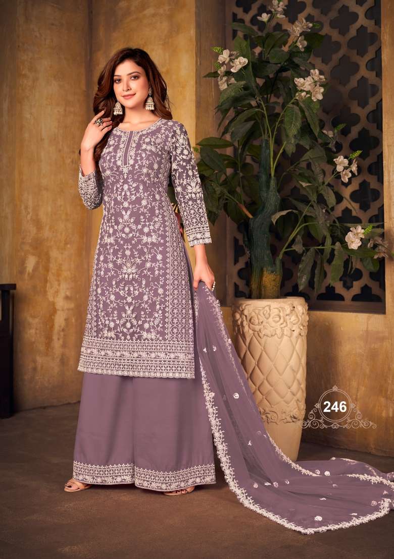 Lavender Embroidered Net Salwar Kameez - Indya