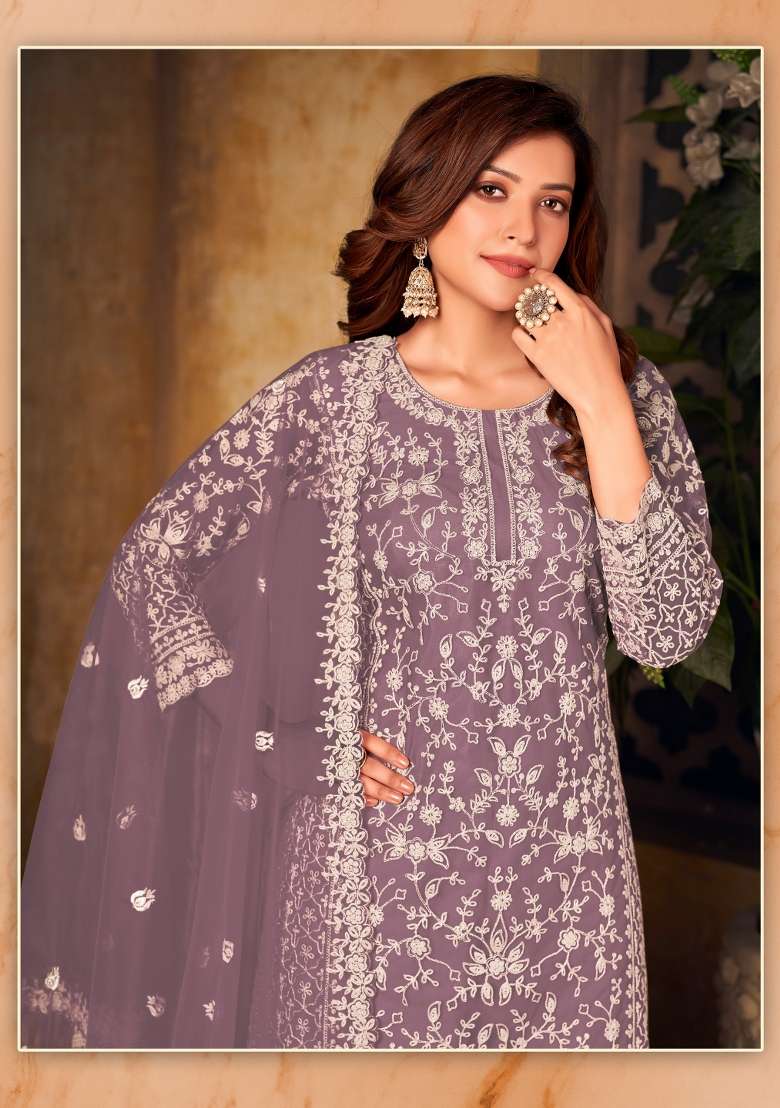 Lavender Embroidered Net Salwar Kameez - Indya
