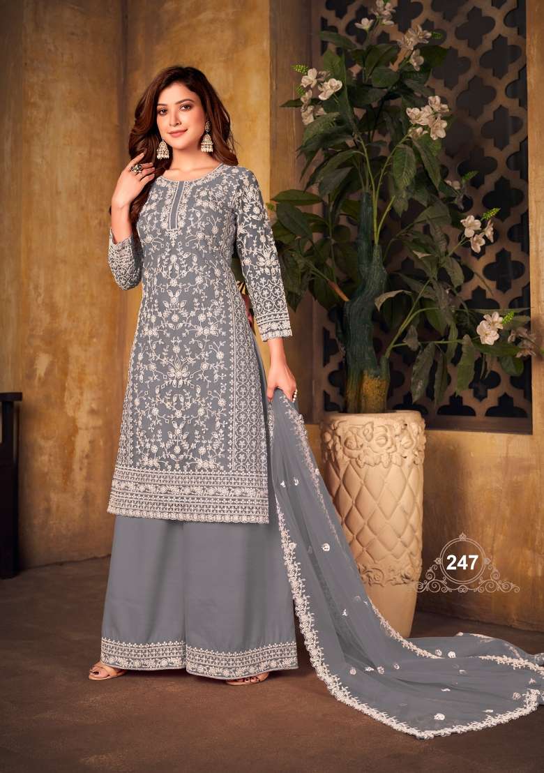 Grey Embroidered Net Salwar Kameez - Indya
