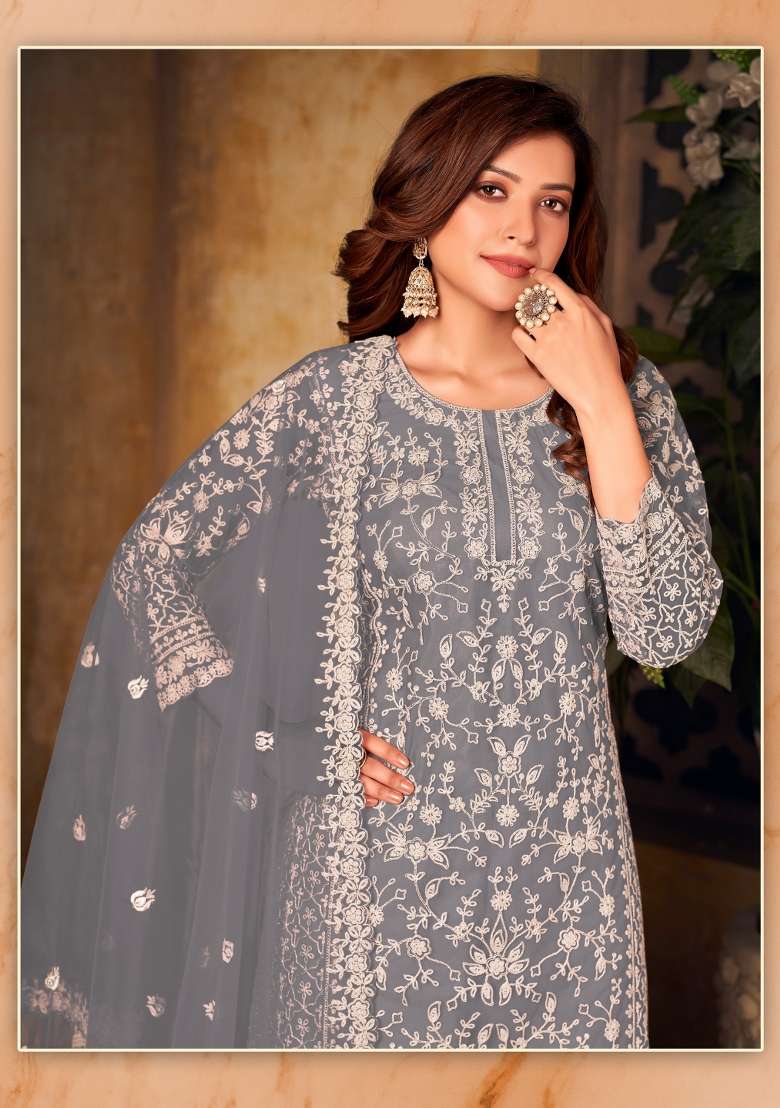 Grey Embroidered Net Salwar Kameez - Indya