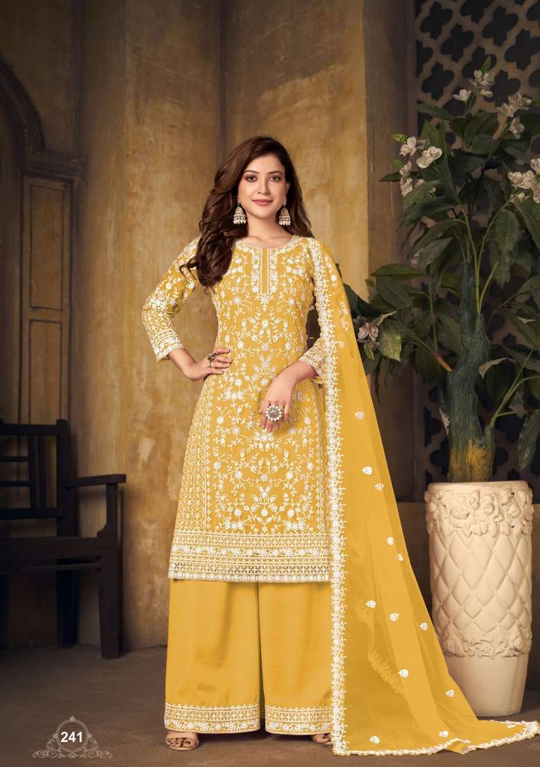 Yellow Embroidered Net Salwar Kameez - Indya