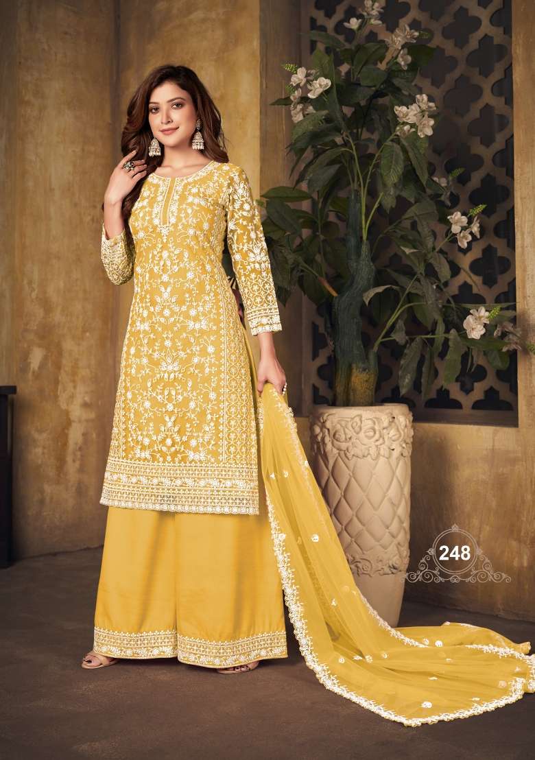Yellow Embroidered Net Salwar Kameez - Indya