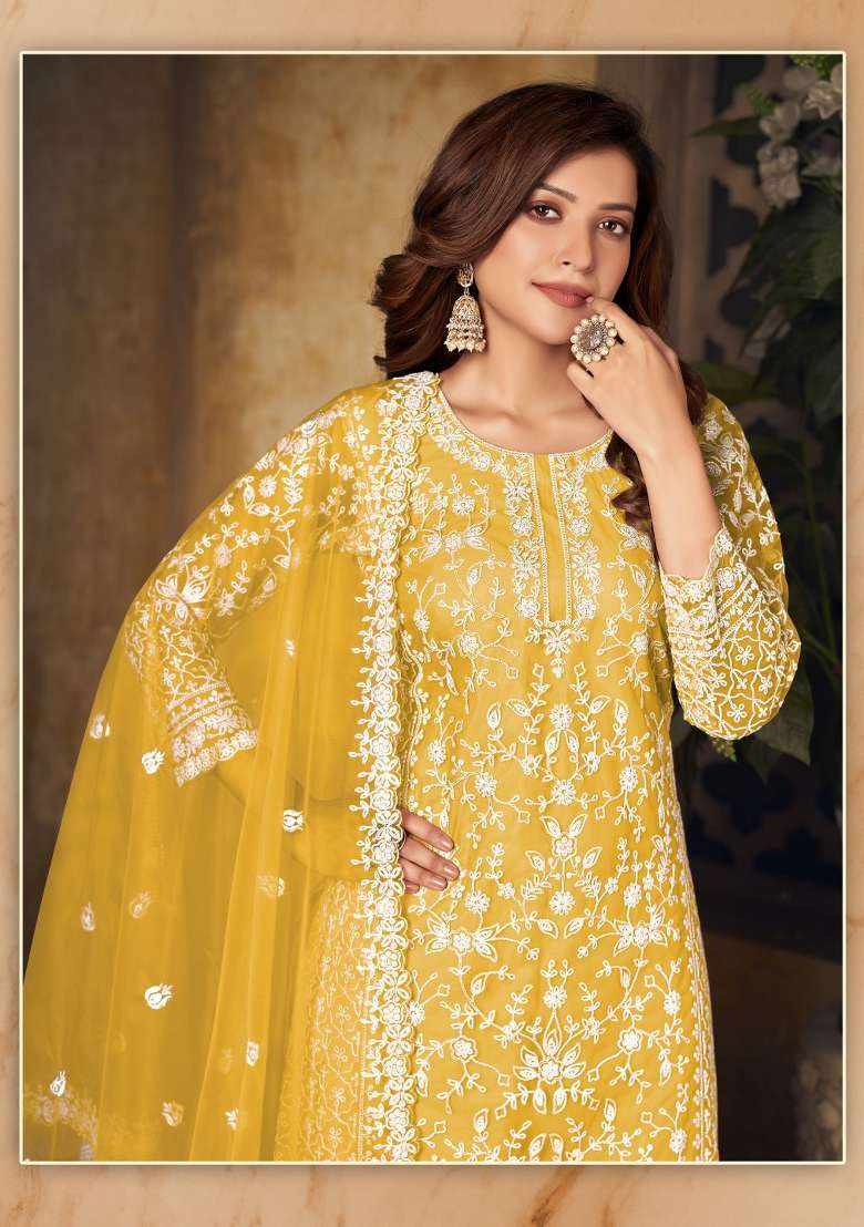 Yellow Embroidered Net Salwar Kameez - Indya