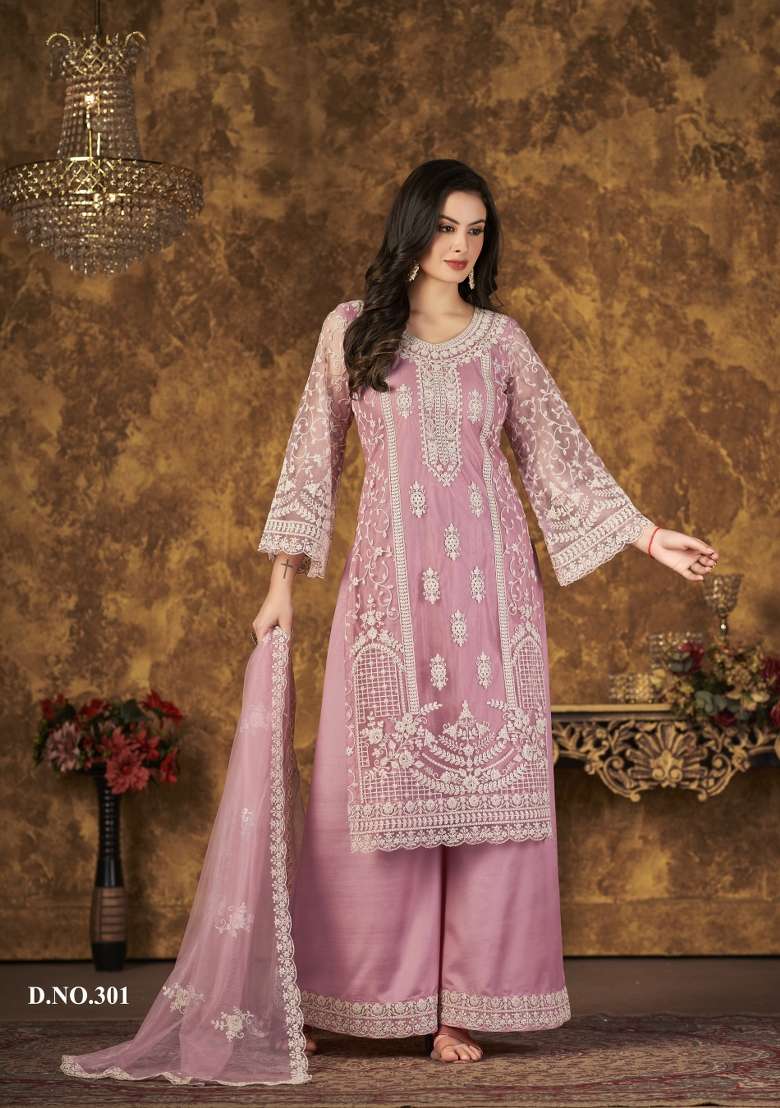 Pink Embroidered Net Salwar Kameez - Indya
