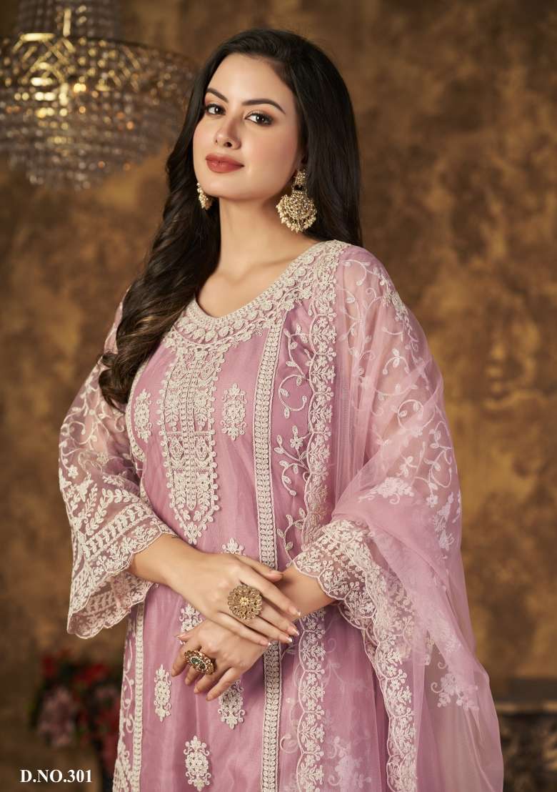 Pink Embroidered Net Salwar Kameez - Indya
