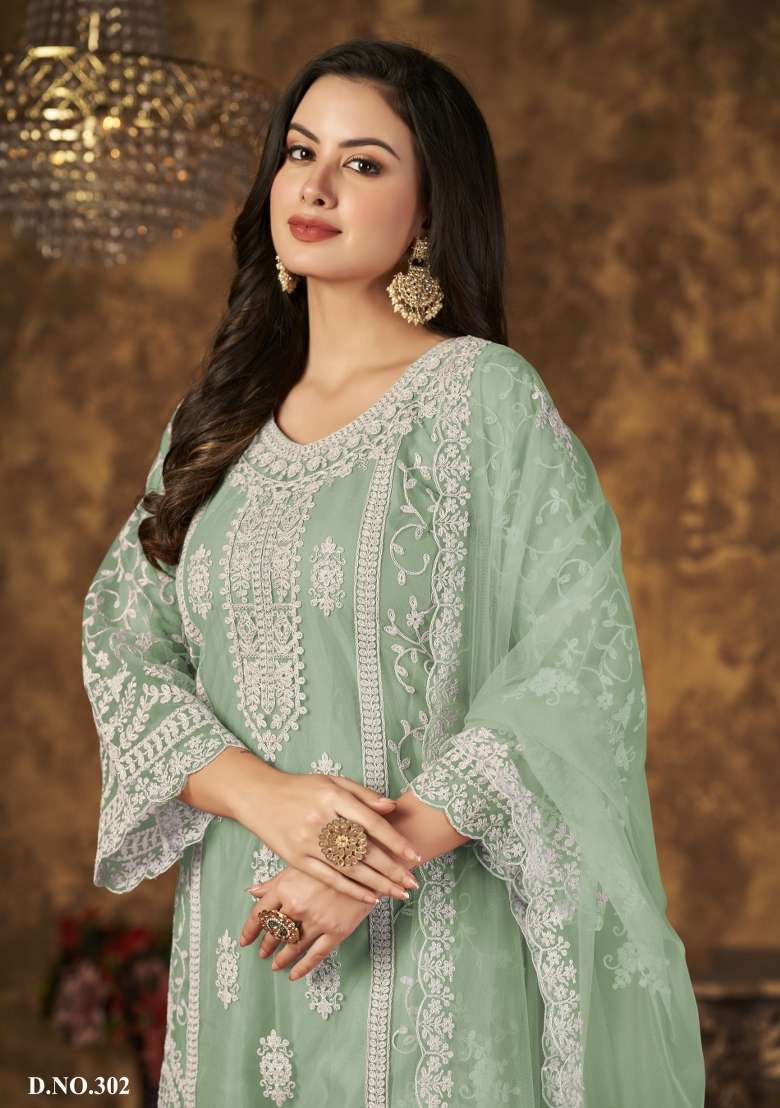 Light Green Embroidered Net Salwar Kameez - Indya