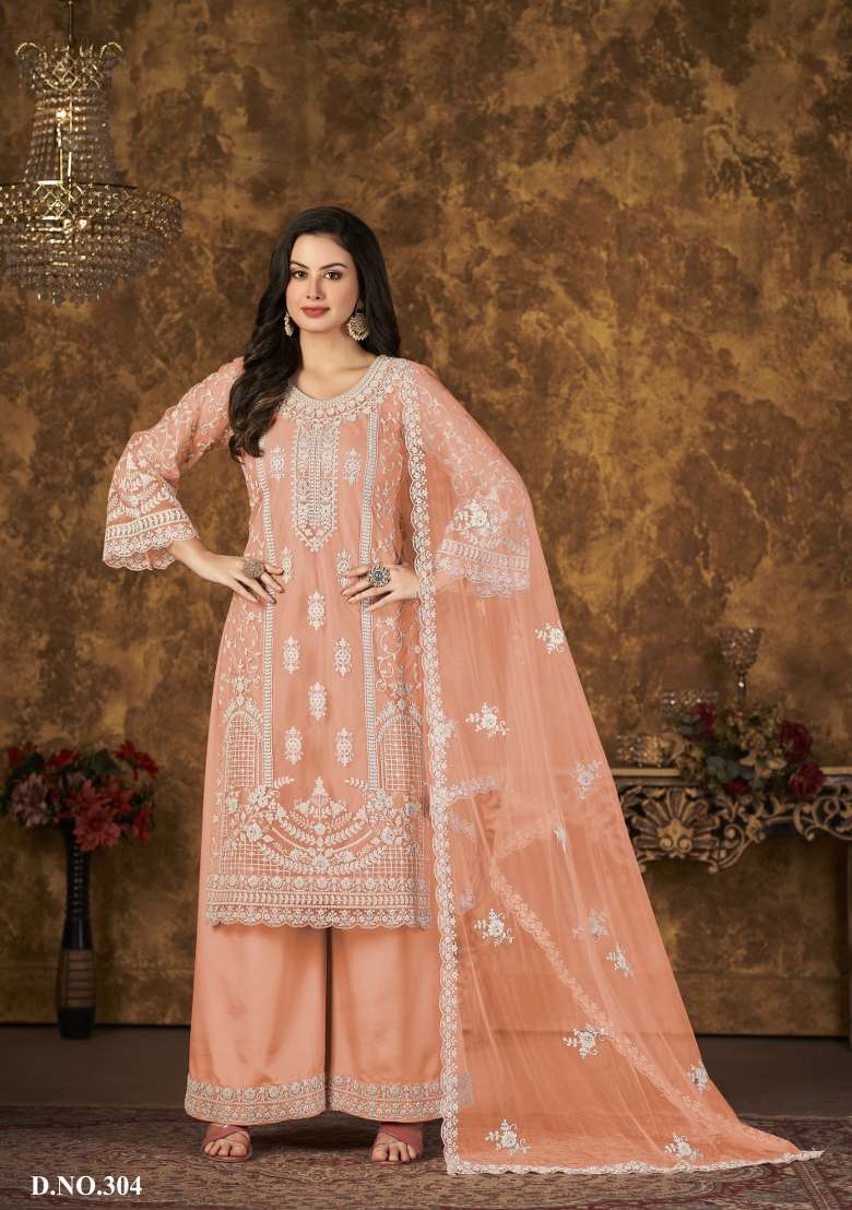 Orange Embroidered Net Salwar Kameez - Indya