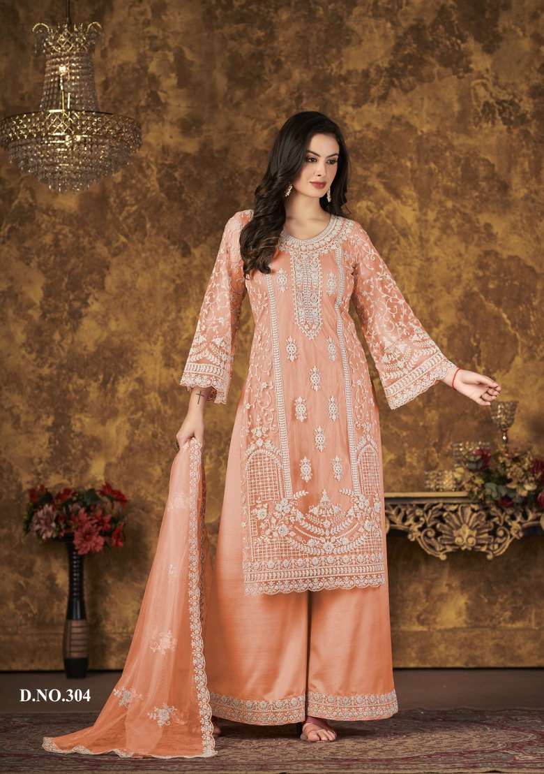 Orange Embroidered Net Salwar Kameez - Indya