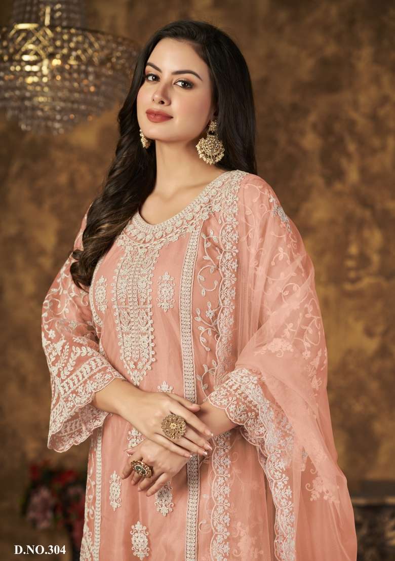 Orange Embroidered Net Salwar Kameez - Indya