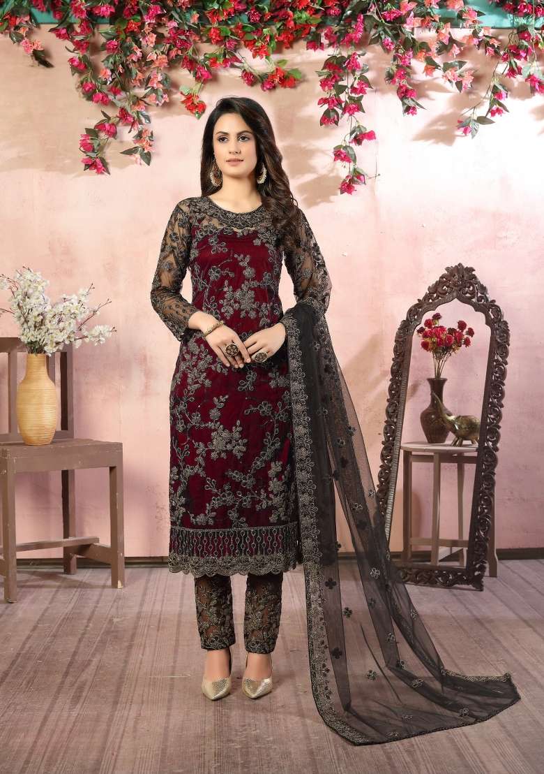 Maroon Embroidered Net Salwar Kameez - Indya