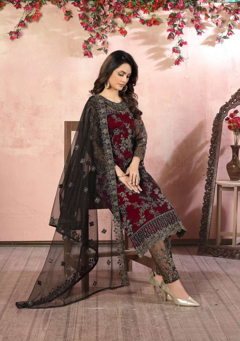 Maroon Embroidered Net Salwar Kameez - Indya