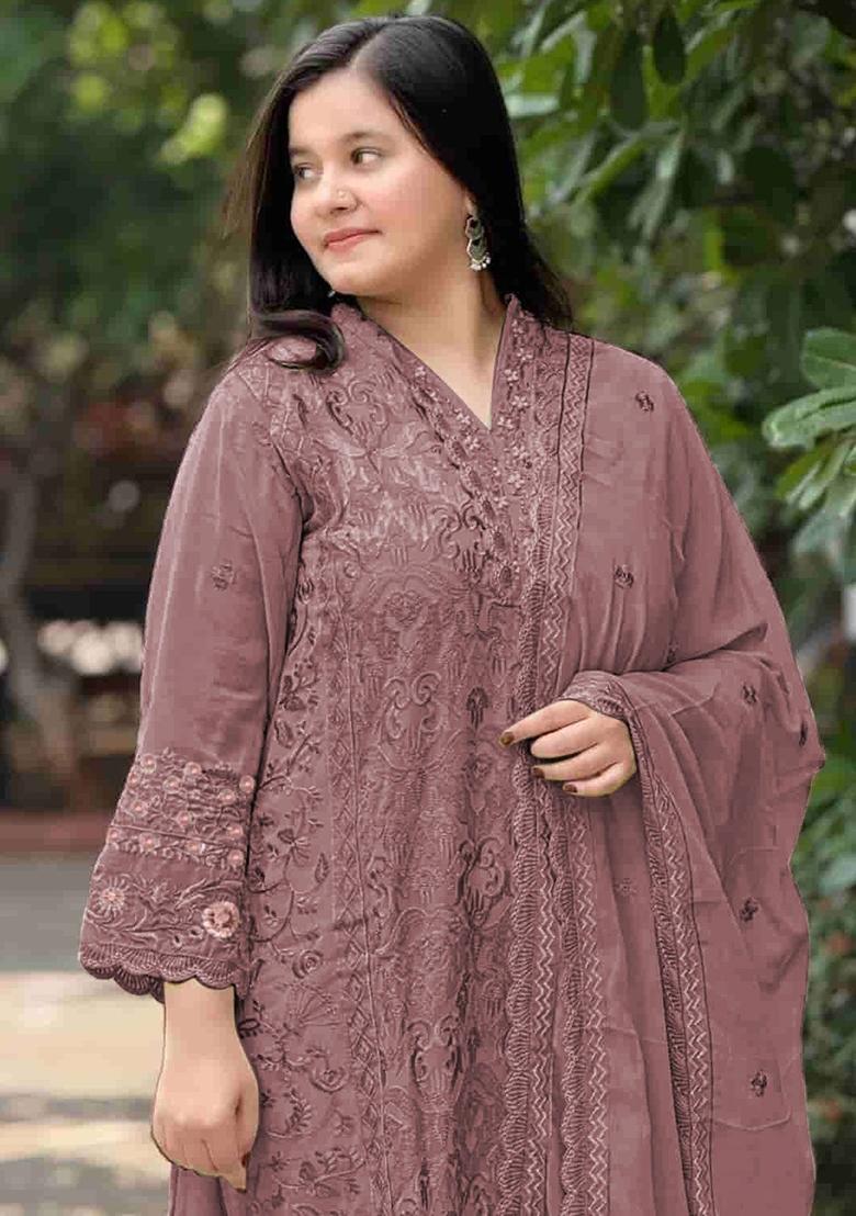 Purple Embroidered Georgette Salwar Kameez - Indya