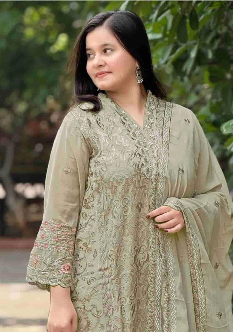 Green Embroidered Georgette Salwar Kameez - Indya