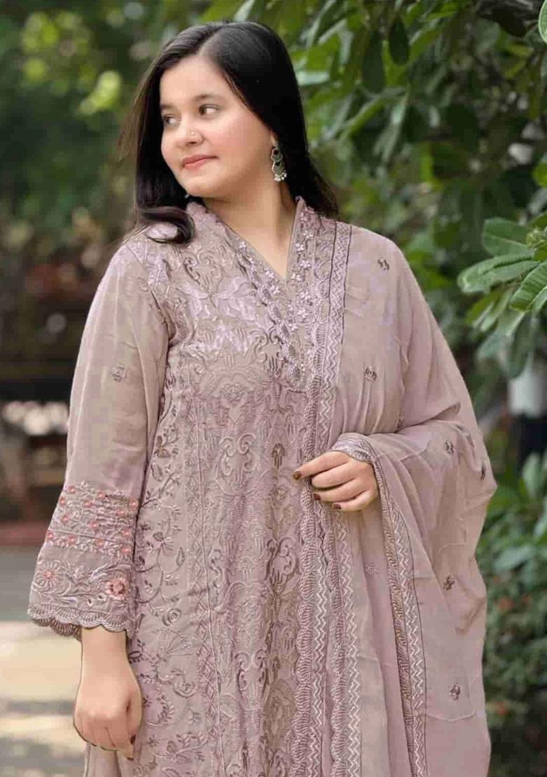 Lavender Embroidered Georgette Salwar Kameez - Indya