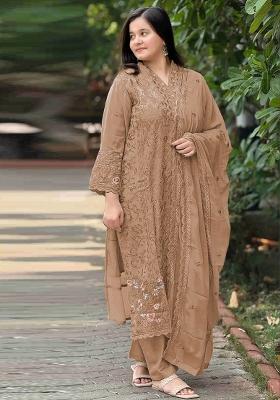Brown Embroidered Georgette Salwar Kameez