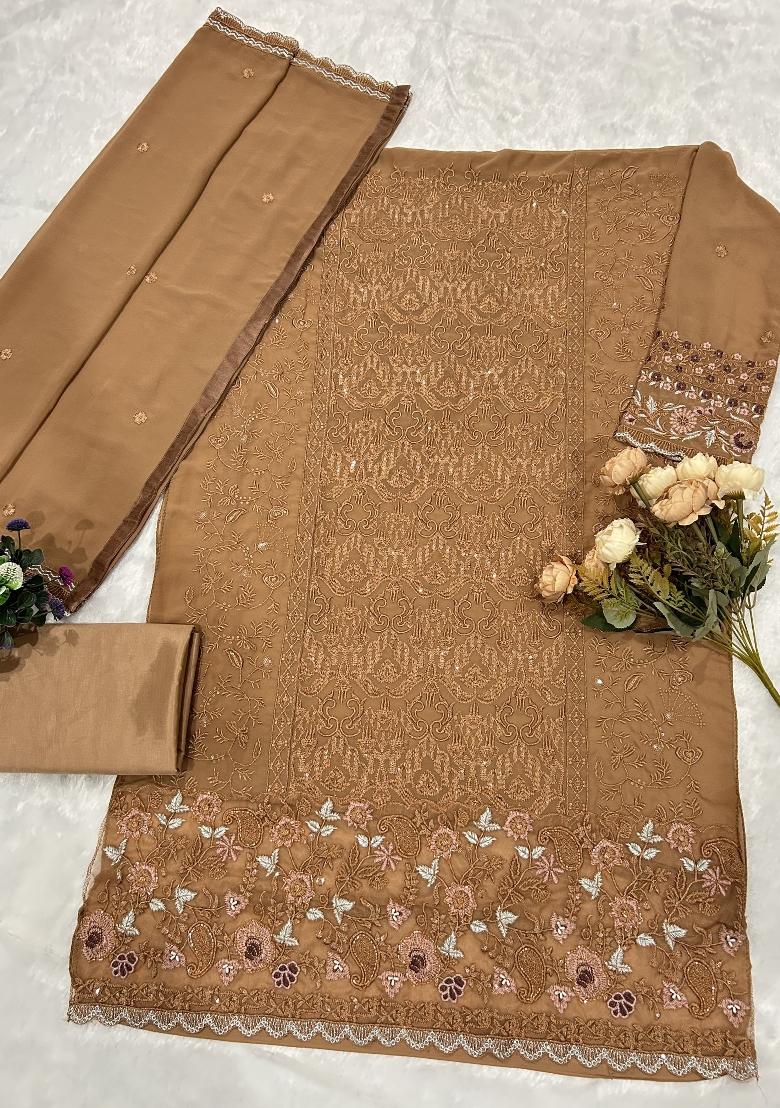 Brown Embroidered Georgette Salwar Kameez - Indya